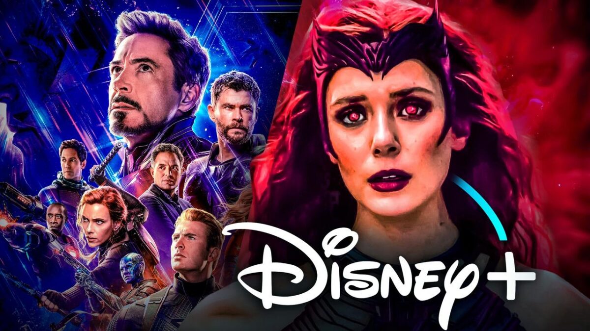 Avengers movie characters, Wanda from WandaVision, Disney Plus logo