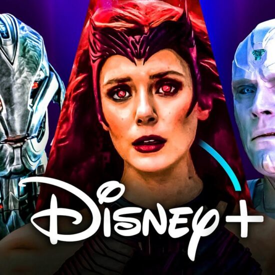 WandaVision characters Vision, Scarlet Witch, Ultron, Disney Plus logo