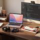 A home office desk setup with tech peripherals and accessories