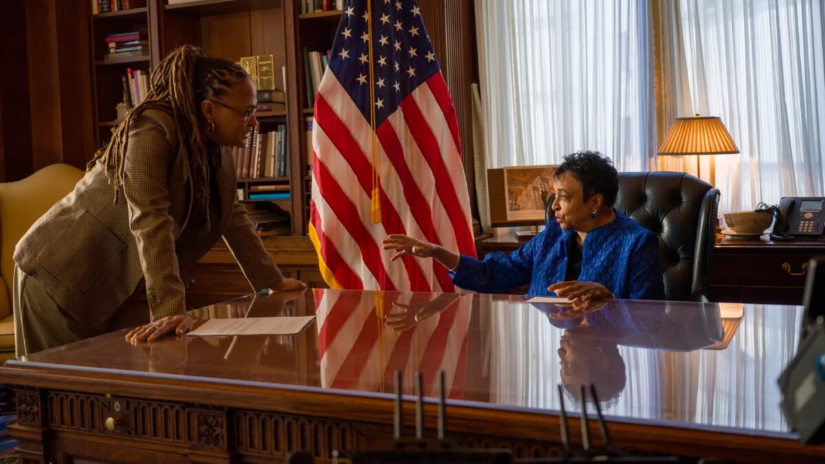 Ava DuVernay with sitting Librarian of Congress Carla Hayden while making
