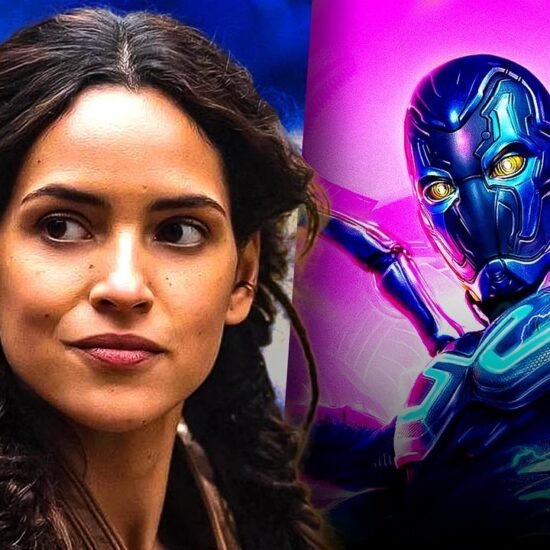 Adria Arjona next to Blue Beetle.