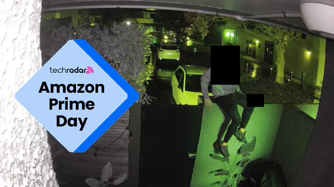 Night time footage taken with home security camera, and an Amazon Prime Day deal badge.
