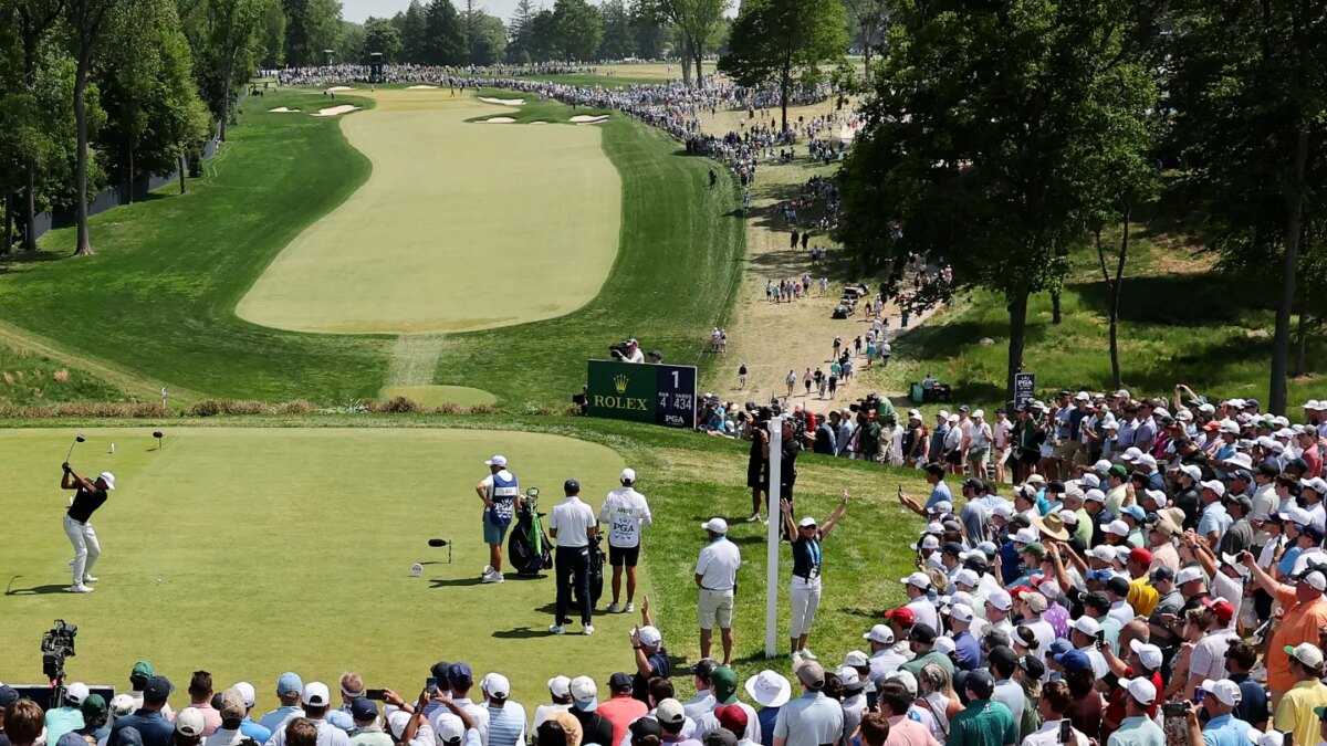 Aaron Rai of England plays his shot from the first tee during the final round of the PGA Championship at Aronimink Golf Club on May 17, 2026 in Newtown, Pennsylvania.