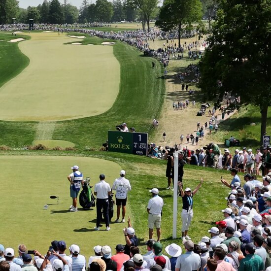 Aaron Rai of England plays his shot from the first tee during the final round of the PGA Championship at Aronimink Golf Club on May 17, 2026 in Newtown, Pennsylvania.