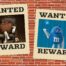 Two wanted signs hang on a brick wall, displaying photos of the brown and blue m&ms characters.