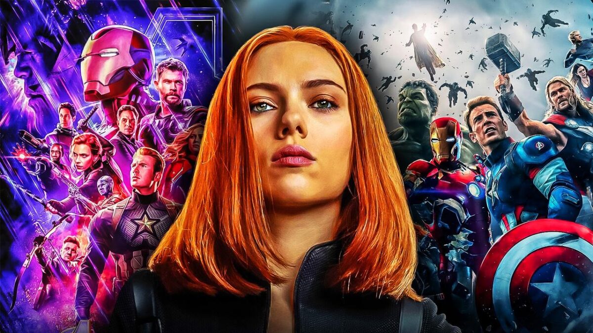 Black Widow in front of two Avengers teams.