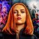 Black Widow in front of two Avengers teams.