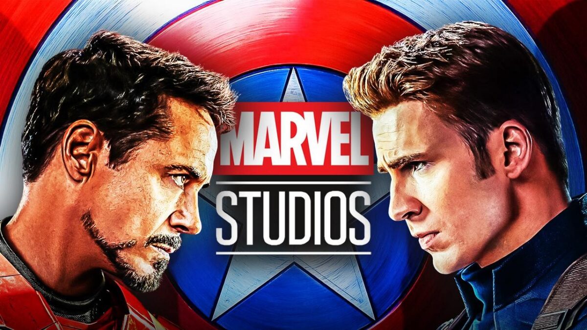 Captain America and Iron Man in front of the Marvel Studios logo.