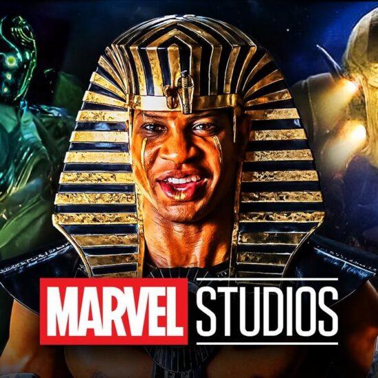 Rama-Tut and two Celestials behind the Marvel Studios logo.