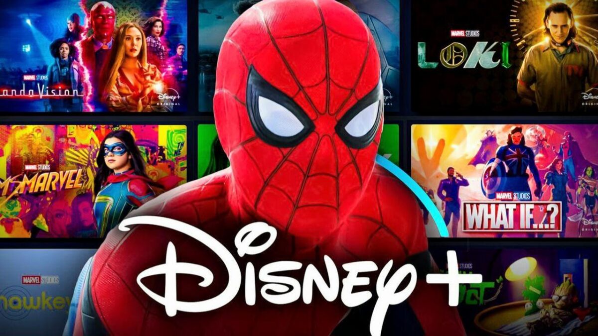 Spider-Man, Disney Plus logo, Marvel Studios series in background