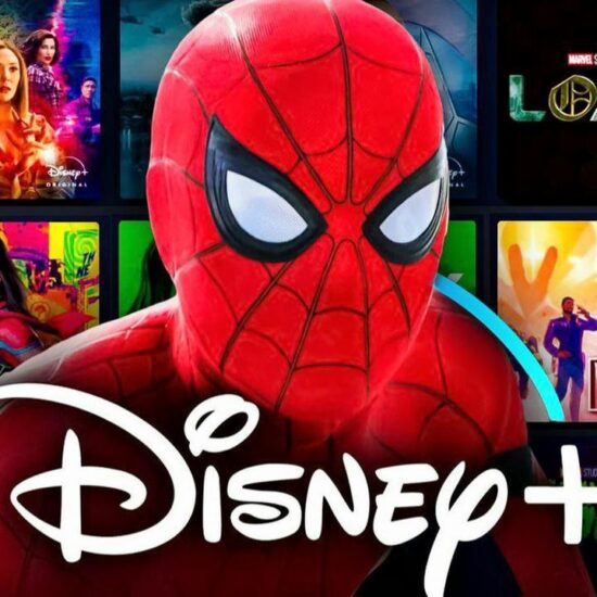 Spider-Man, Disney Plus logo, Marvel Studios series in background