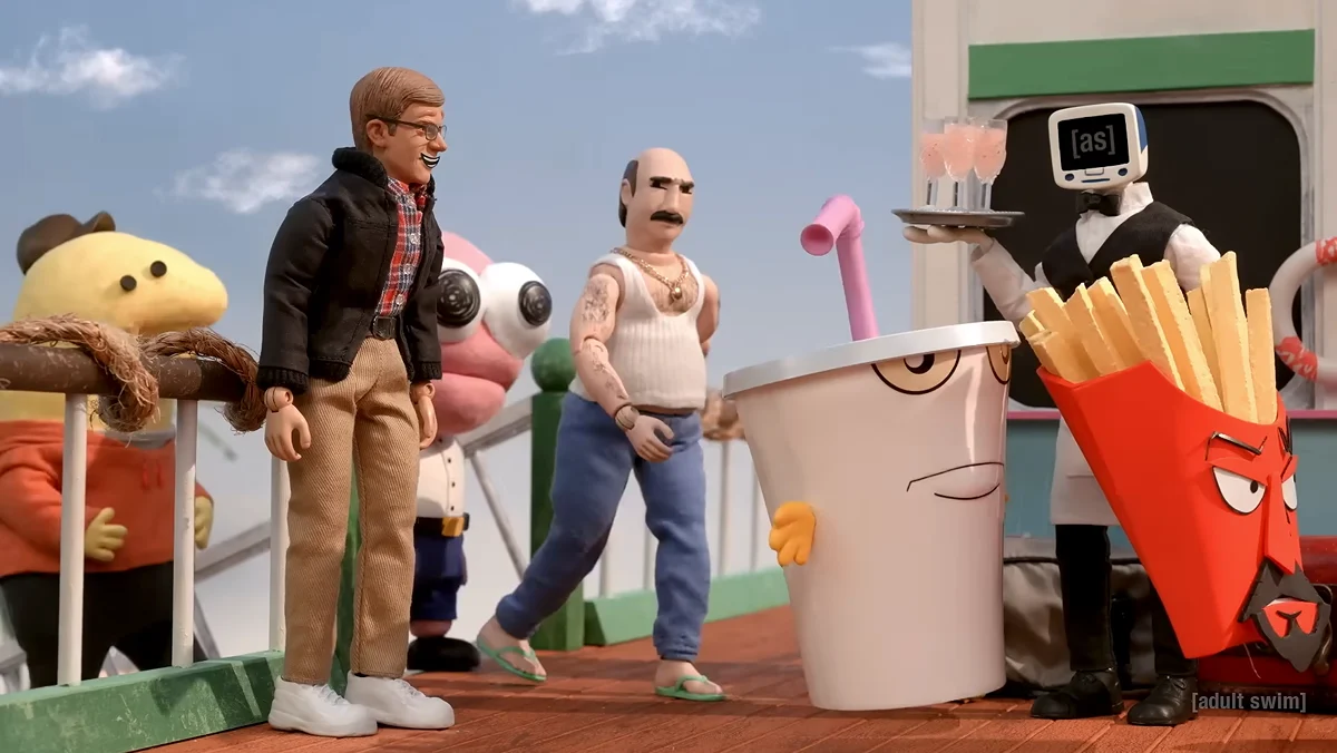 Still from the Adult Swim anniversary special with some iconic characters like Pim and Charlie from Smiling Friends.