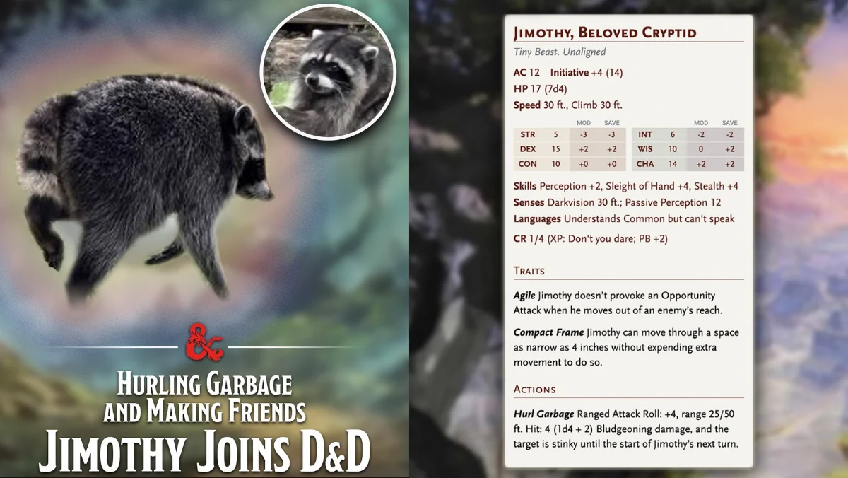 Posts made by Dungeons and Dragons about Jimothy the raccoon, giving him a stat sheet.