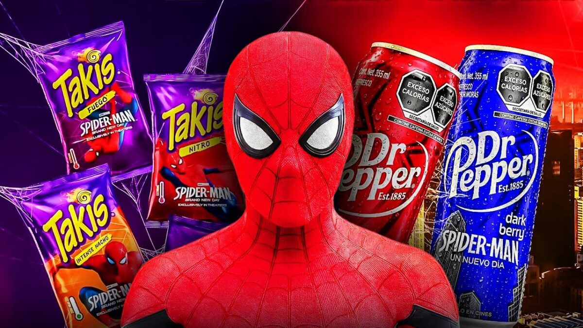 Takis chips, Spider-Man, Dr. Pepper cans.