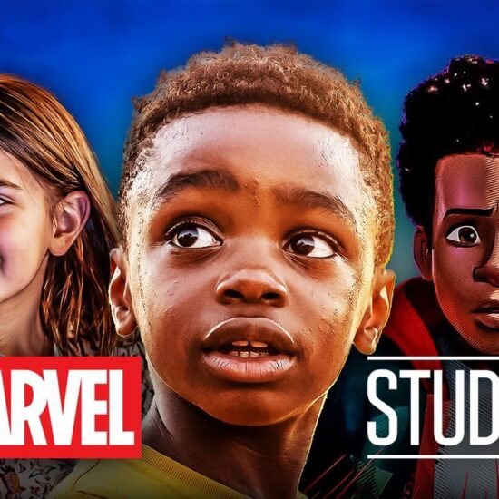 T’Challa Jr., Morgan Stark, and Miles Morales behind the Marvel Studios logo.