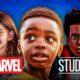 T’Challa Jr., Morgan Stark, and Miles Morales behind the Marvel Studios logo.