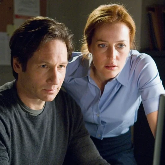 Mulder (David Duchovny) and Scully (Gillian Anderson) look at a computer screen.