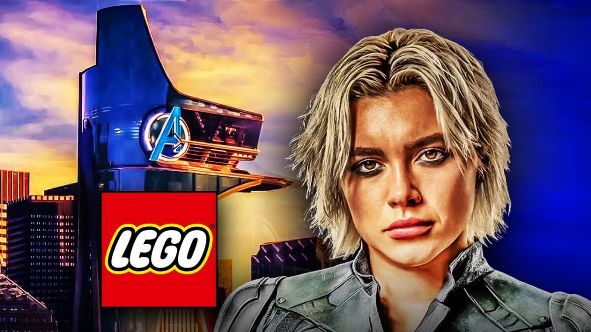 Yelena Belova next to Avengers Tower and the LEGO logo.