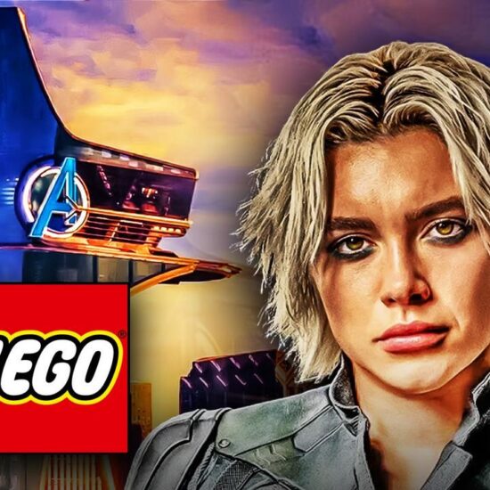 Yelena Belova next to Avengers Tower and the LEGO logo.