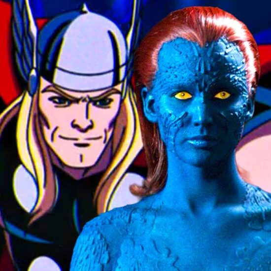 Animated Thor and live-action Mystique next to each other.