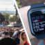 Festival-goers in front of Glastonbury stage, and an Apple Watch