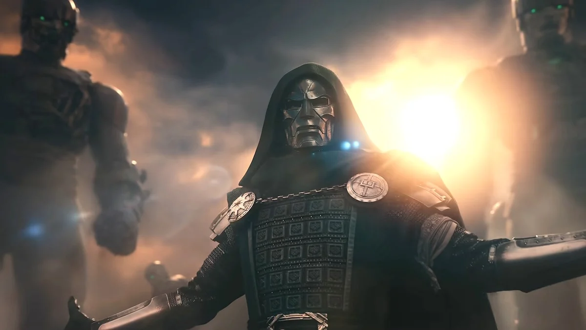 Doctor Doo with his arms held out as Sentinels stands behind him Avengers: Doomsday