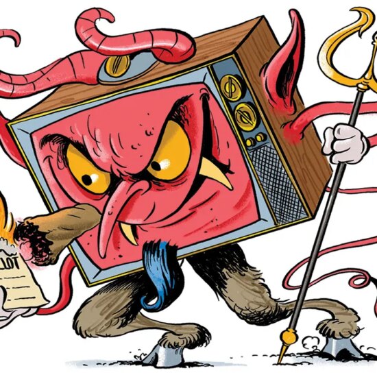 illustration of a TV anthropomorphized as a devil with hooves