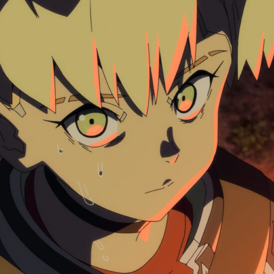 &Quot;Anime Character With Blond And Dark Hair, Intense Green Eyes, And Sweat On Their Face, Looking Up With A Serious Expression In An Outdoor Nighttime Setting With Orange Lighting And Plants In The Background.&Quot;