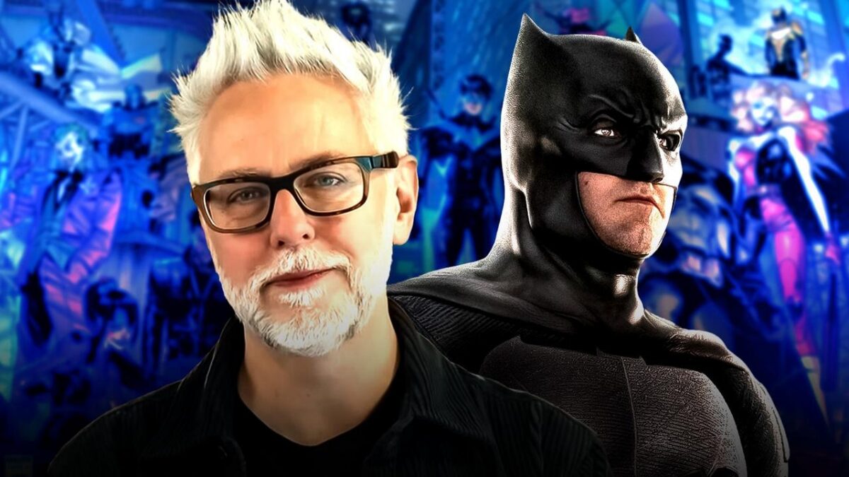 James Gunn next to Batman with a background of DC characters.