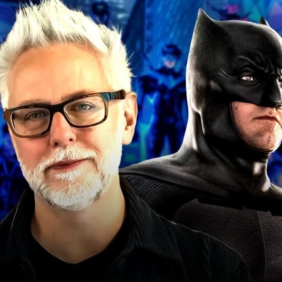 James Gunn next to Batman with a background of DC characters.