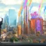 A kid in the foreground eats a lollipop with the colorful Wonka factory with colorful smokestacks dominates a London cityscape in Charlie Vs. The Chocolate Factory