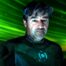 Kyle Chandler Hal Jordan, Green Lantern suit, green background.