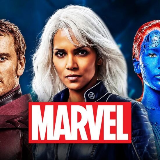 Michael Fassbender as Magneto, Halle Berry as Storm, Jennifer Lawrence as Mystique wth Marvel logo.