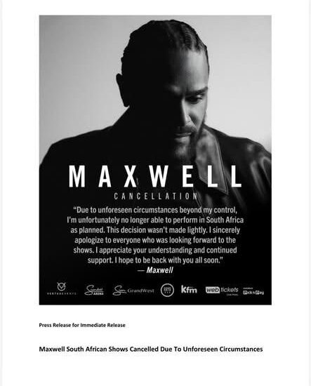 Maxwell's South African concerts cancelled, refunds to be issued
