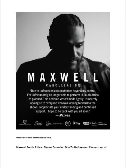 Maxwell's South African concerts cancelled, refunds to be issued