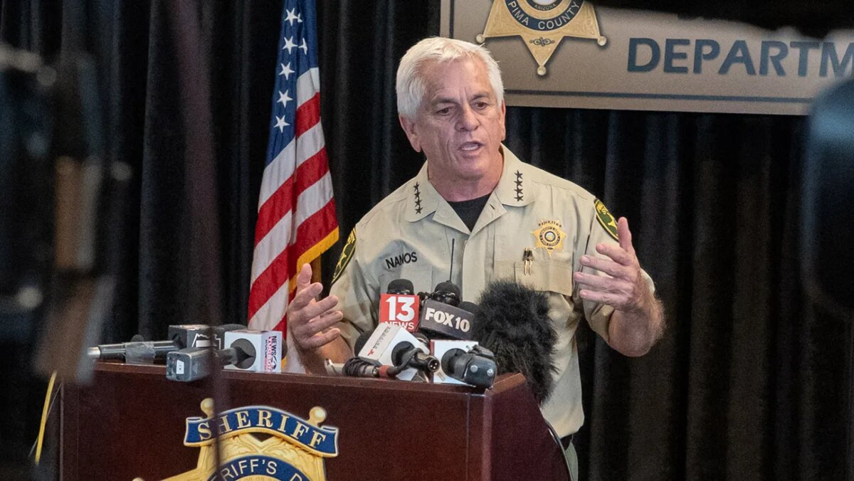 Pima County Sheriff, Chris Nanos, speaks to the media on Feb. 3, 2026, in Tucson, Arizona.