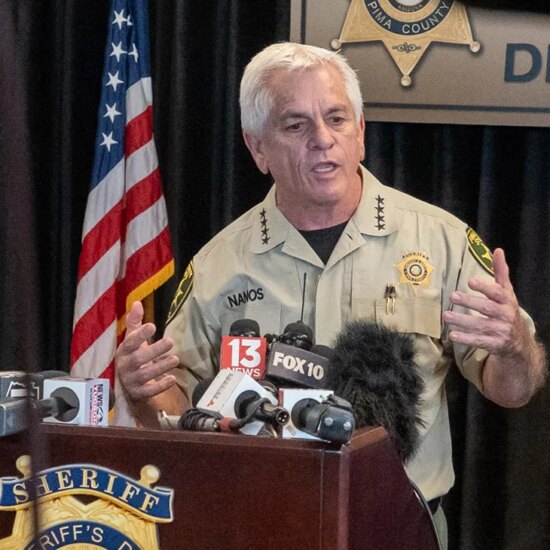 Pima County Sheriff, Chris Nanos, speaks to the media on Feb. 3, 2026, in Tucson, Arizona.