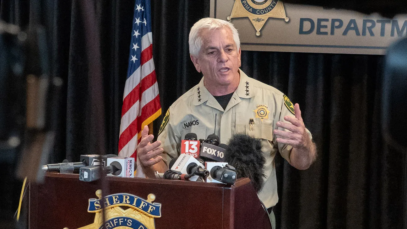 Pima County Sheriff, Chris Nanos, speaks to the media on Feb. 3, 2026, in Tucson, Arizona.