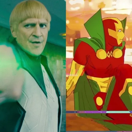 (Left) Nathan Fillion as Guy Gardner (Right) Mister Miracle in promo art for the animated Mister Miracle series.
