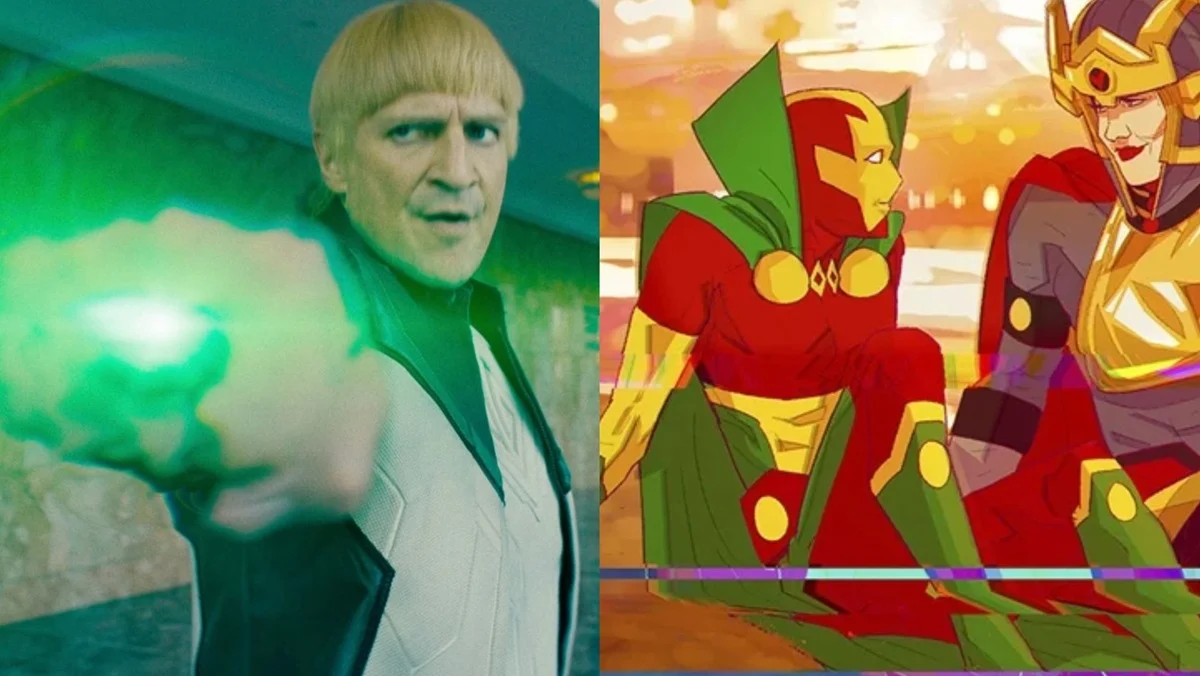 (Left) Nathan Fillion as Guy Gardner (Right) Mister Miracle in promo art for the animated Mister Miracle series.