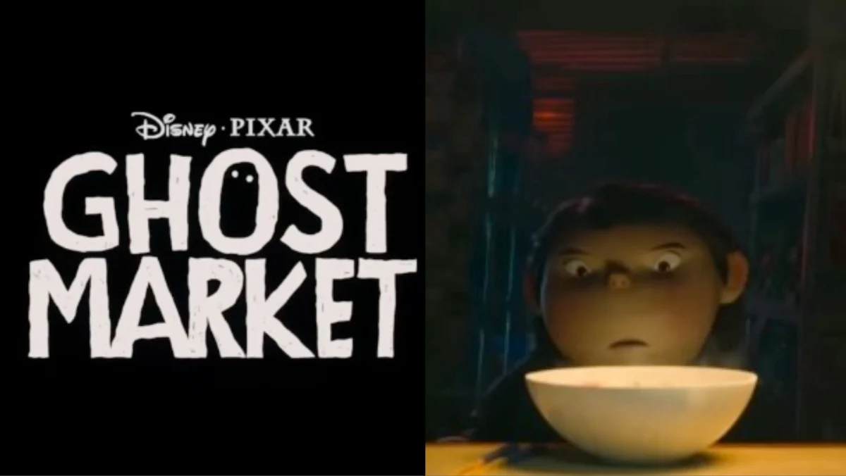 Ghost Market title card split with an image of a young boy near ramen