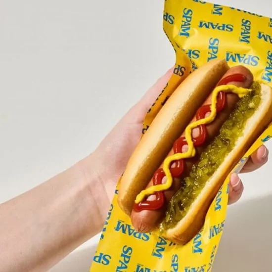 Photo of a SPAM hot dog in a bun.