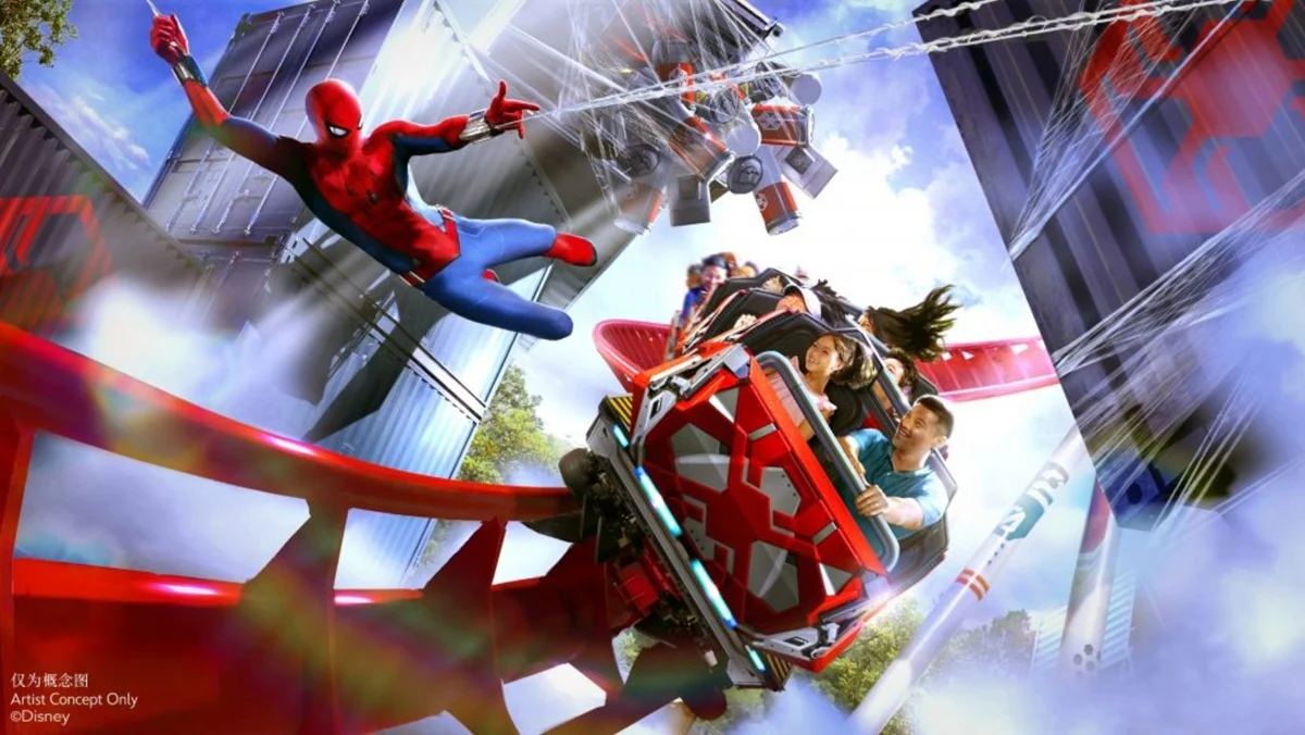 Concept art for the Spider-Man themed roller coaster coming to Shanghai Disneyland in 2027.