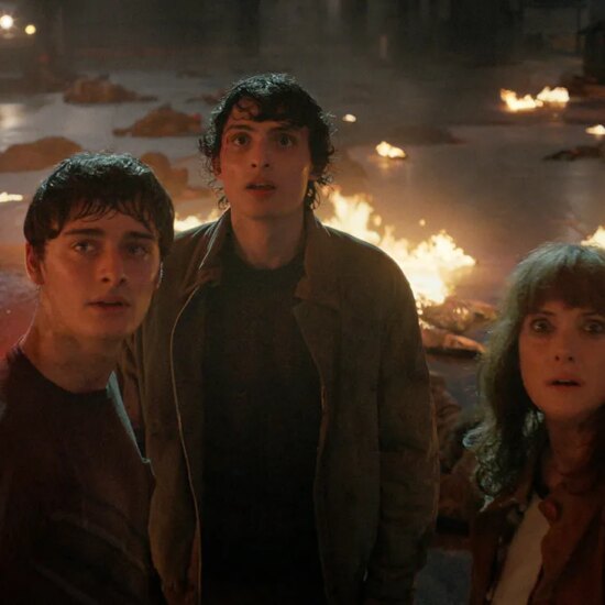 (L to R) Noah Schnapp as Will Byers, Finn Wolfhard as Mike Wheeler, and Winona Ryder as Joyce Byers in Stranger Things: Season 5.