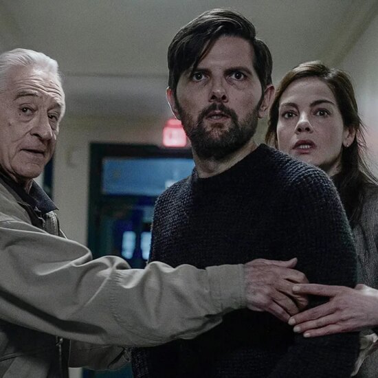 (L-R) Robert De Niro as Peter Willis, Adam Scott as Tom Kennedy and Michelle Monaghan as Amanda Beck in The Whisper Man.