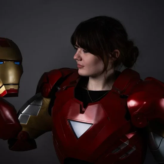 Propmaker Ellie Farrell wearing her own Iron Man suit.