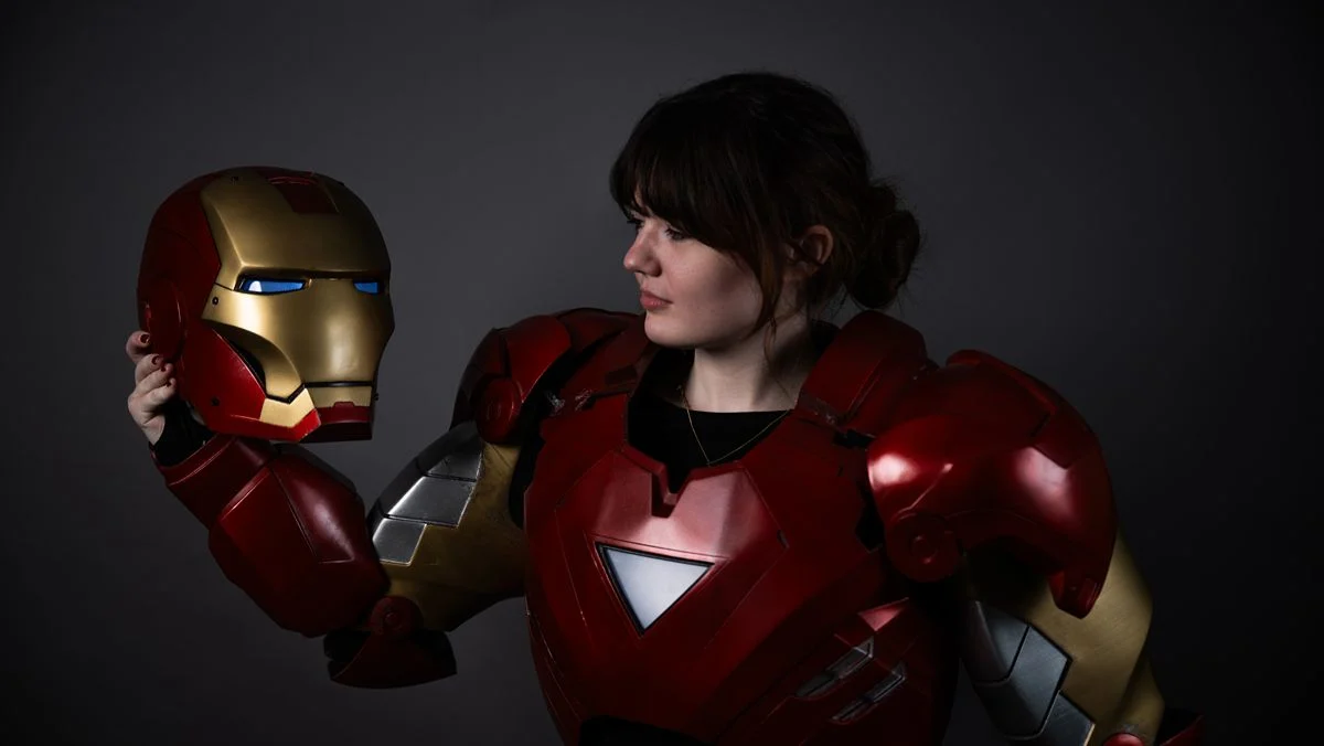Propmaker Ellie Farrell wearing her own Iron Man suit.