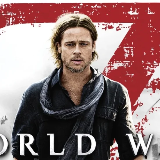 Brad Pitt wit long hair and a big scarf in the poster for World War Z