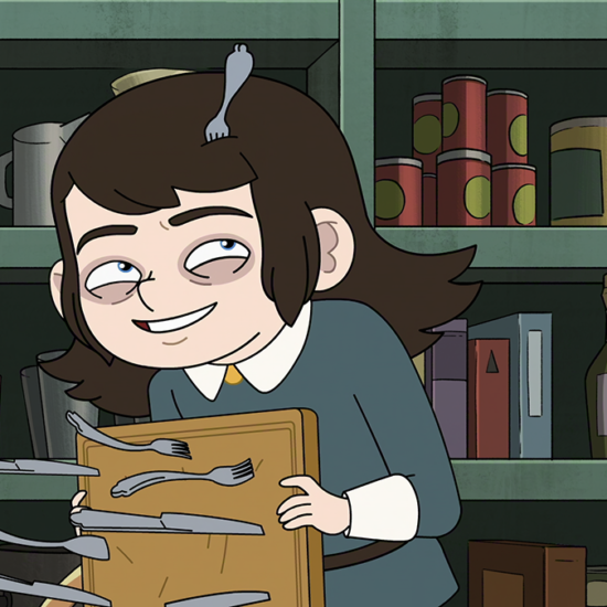 &Quot;Smiling Animated Child Holding A Wooden Knife Holder With Utensils, With A Fork Sticking Into His Head, Standing In Front Of Green Shelves Filled With Dishes, Cans, Bottles, And Kitchen Items In A Pantry Or Kitchen Setting.&Quot;