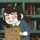 &Quot;Smiling Animated Child Holding A Wooden Knife Holder With Utensils, With A Fork Sticking Into His Head, Standing In Front Of Green Shelves Filled With Dishes, Cans, Bottles, And Kitchen Items In A Pantry Or Kitchen Setting.&Quot;